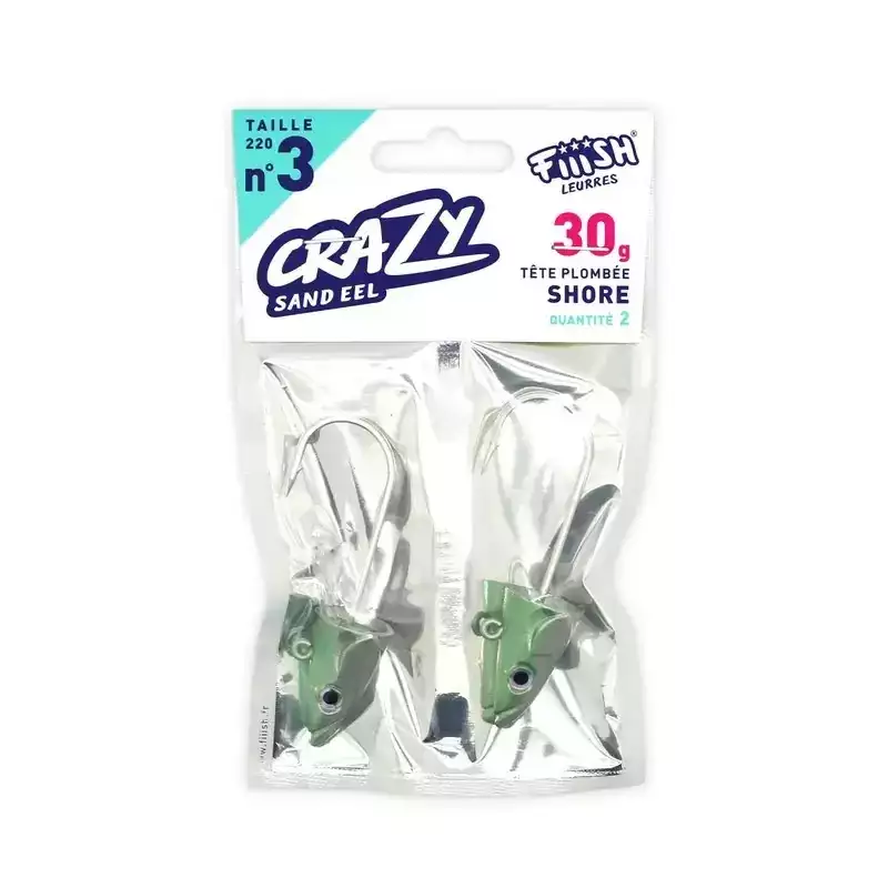 2 TETES PLOMBEES SHORE FIIISH CRAZY SAND EEL TAILLE 220 30G VERT NACRE